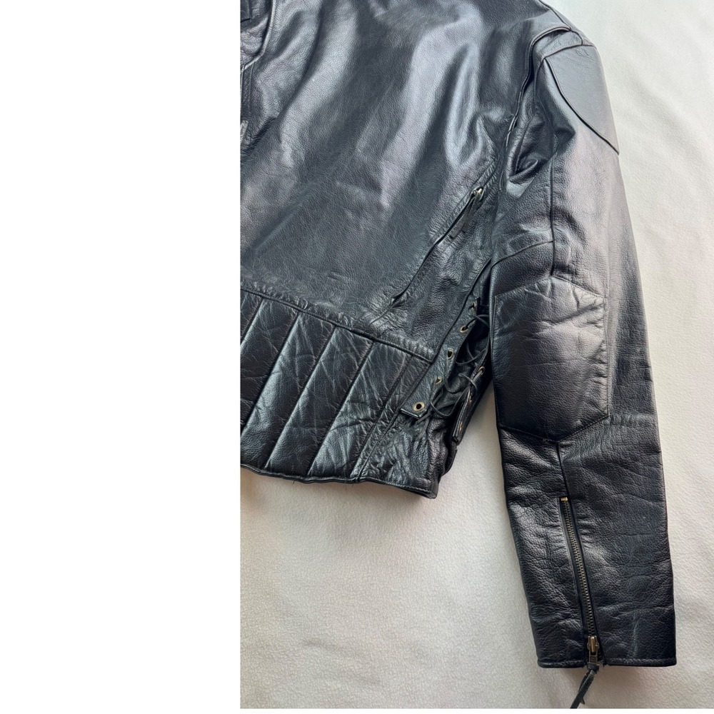 Mens Black Leather‎ Motorcycle Jacket Biker Style Quilted Accents Sz 46 NO LINER - Picture 7 of 16